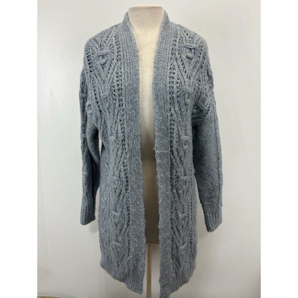Anthropologie Nuria Long Cardigan Sweater Sz XS Blue Fisherman Knit Coastal Open